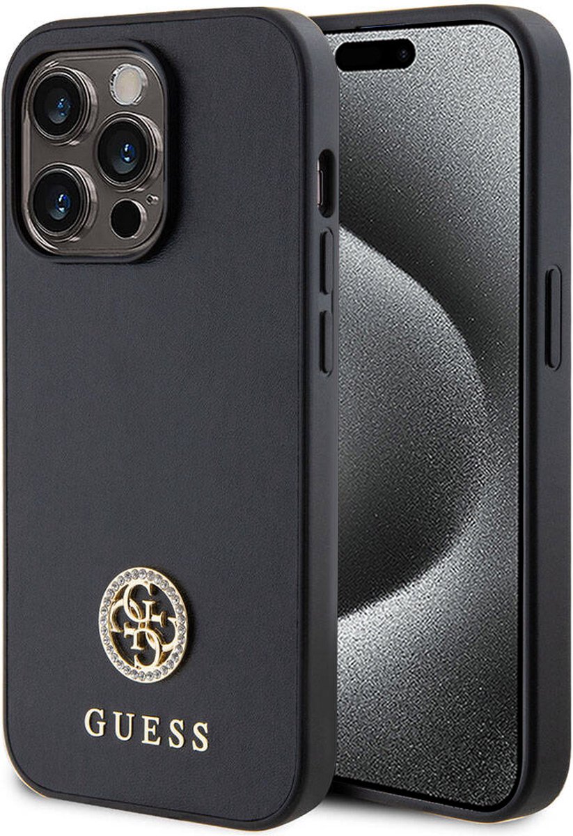 Guess 4G Strass Metal Logo Back Case - Geschikt voor Apple iPhone 15 Pro (6.1") - Zwart