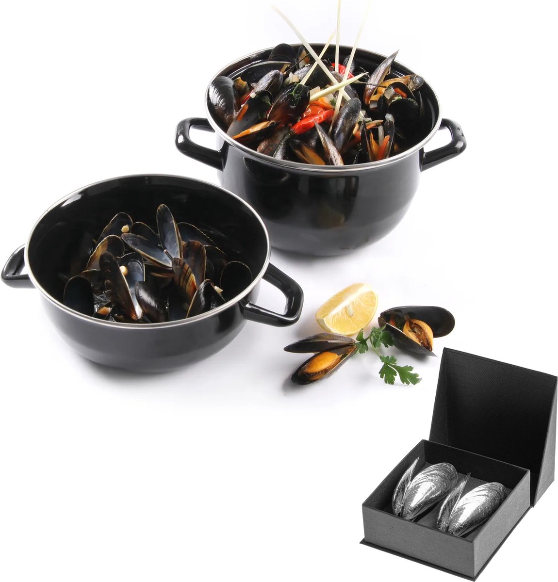 Anovi Zeeuws mosselbestek set – luxe veermechanisme – 2 stuks – met geëmailleerde mosselpan 2,5 liter