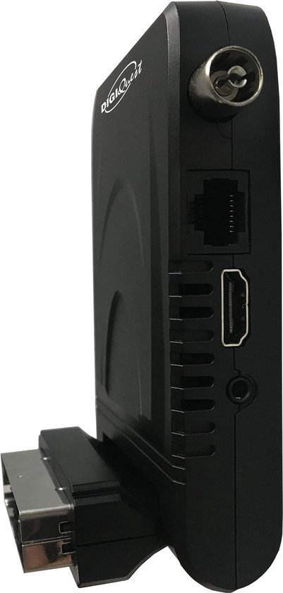 Vue latérale d'un adaptateur DigiQuest noir avec connexions HDMI, Ethernet et coaxiale.