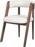 Eetkamerstoel met witte teddy bekleding en een walnoot houten frame, gebogen rugleuning.