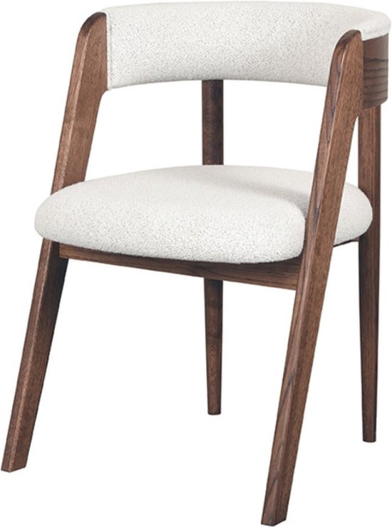 Eetkamerstoel met witte teddy bekleding en een walnoot houten frame, gebogen rugleuning.