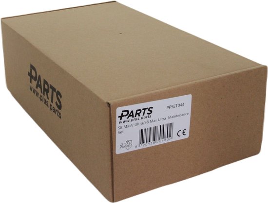 Brugkartonnen doos met een etiket van 'PARTS' en 'www.plus.parts'. Tekst: 'S8 MaxV Ultra/S8 Max Ultra Maintenance Set PPSET044'.