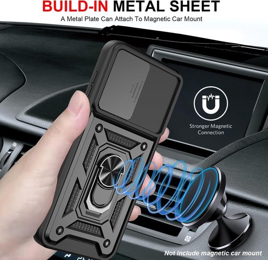 Zwarte telefoonhoes met ringstandaard, wordt magnetisch aan een autohouder bevestigd. Tekst: 'BUILD-IN METAL SHEET'.