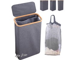 Mrs. Jones Wasmand met deksel 70 liter smalle wasbox met bamboe handvat en binnenzak opvouwbare wasbox-wassorteerder voor bijkeuken yoga-organizer donkergrijs. .