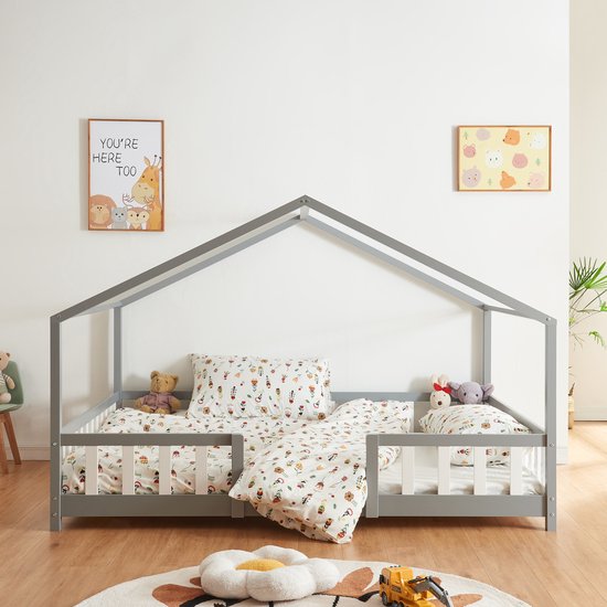Lit enfant Treviolo avec protection antichute 120x200 cm gris [en.casa]