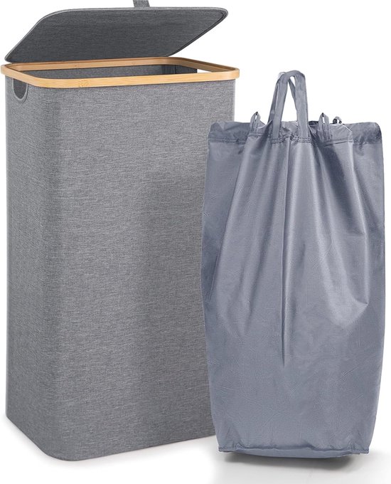 Juskys Bamboe Wasmand Krullend Bruin 150L - Hygiënische Wasmand Met Deksel Draagbeugel Waszak 3 Compartimenten Natuurlijke Bamboe Look
