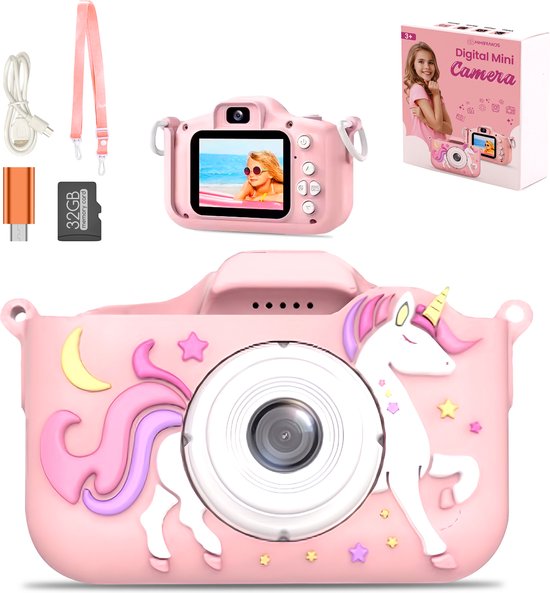 MM Brands Digitale Kindercamera HD 1080p - Inclusief 32GB SD Kaart & USB Stick - Speelgoed Camera - Fototoestel voor Kinderen - Roze