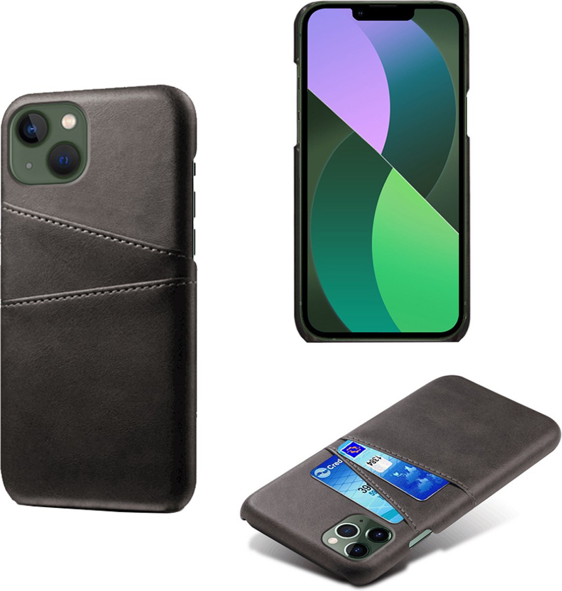 MobyDefend Hoesje - Geschikt voor iPhone 14 - Lederen Backcover Met Vakjes Pasjes - Zwart