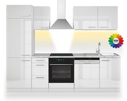 Vicco Optima Complete keukeneenheid – 270 cm zonder werkblad met LED-strip Wit hoogglans/wit