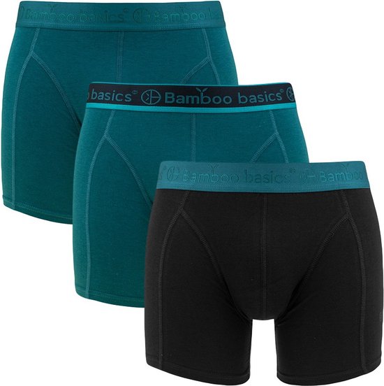 Trois boxers Bamboo Basics : deux vert pétrole profond, un noir. Avec ceinture bleu-vert.