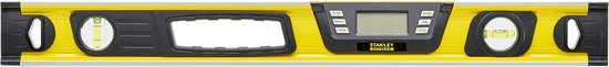 Gele en zilverkleurige Stanley FatMax digitale waterpas met handvat en drie bubbels, recht van voren.