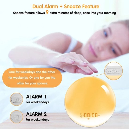 Bloominggoods® Wake-Up Light - Wekker - Alarm - Digitale Klok - Nachtlamp - Radio - USB Oplader - Snooze Functie - 7 Natuurgeluiden - Wit van Bloom — afbeelding 5