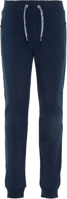 Donkerblauwe joggingbroek met trekkoord en ritszakken.