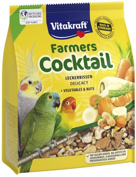 Vitakraft Farmers Cocktail voor vogels, met 3 vogels, groenten en noten op gele verpakking.