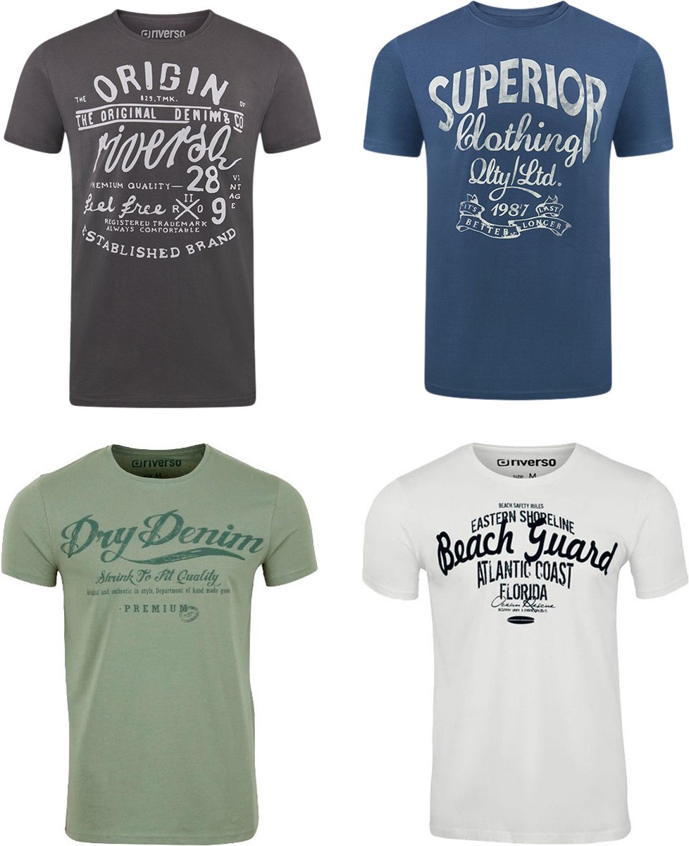 riverso Heren T-Shirt RIVLeon 4 Pack regular fit Veelkleurig L Ronde Hals Volwassenen - gemaakt van 100% katoen