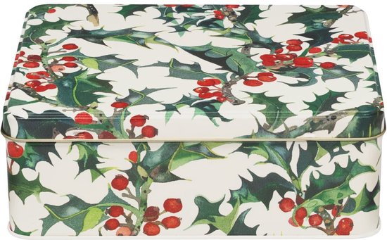 Boîte rectangulaire avec un motif de houx et de baies rouges sur fond blanc.