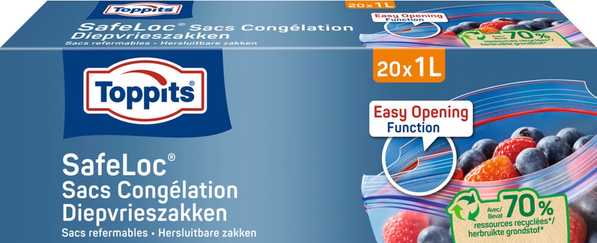 Toppits Safeloc Zip-Diepvrieszakken 1 liter - 3 x 20 stuks - Voordeelverpakking