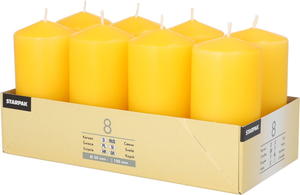 Conpax candles Stompkaarsen/zuilkaarsen set van 8x - geel - D5 x H10 cm - 16 branduren