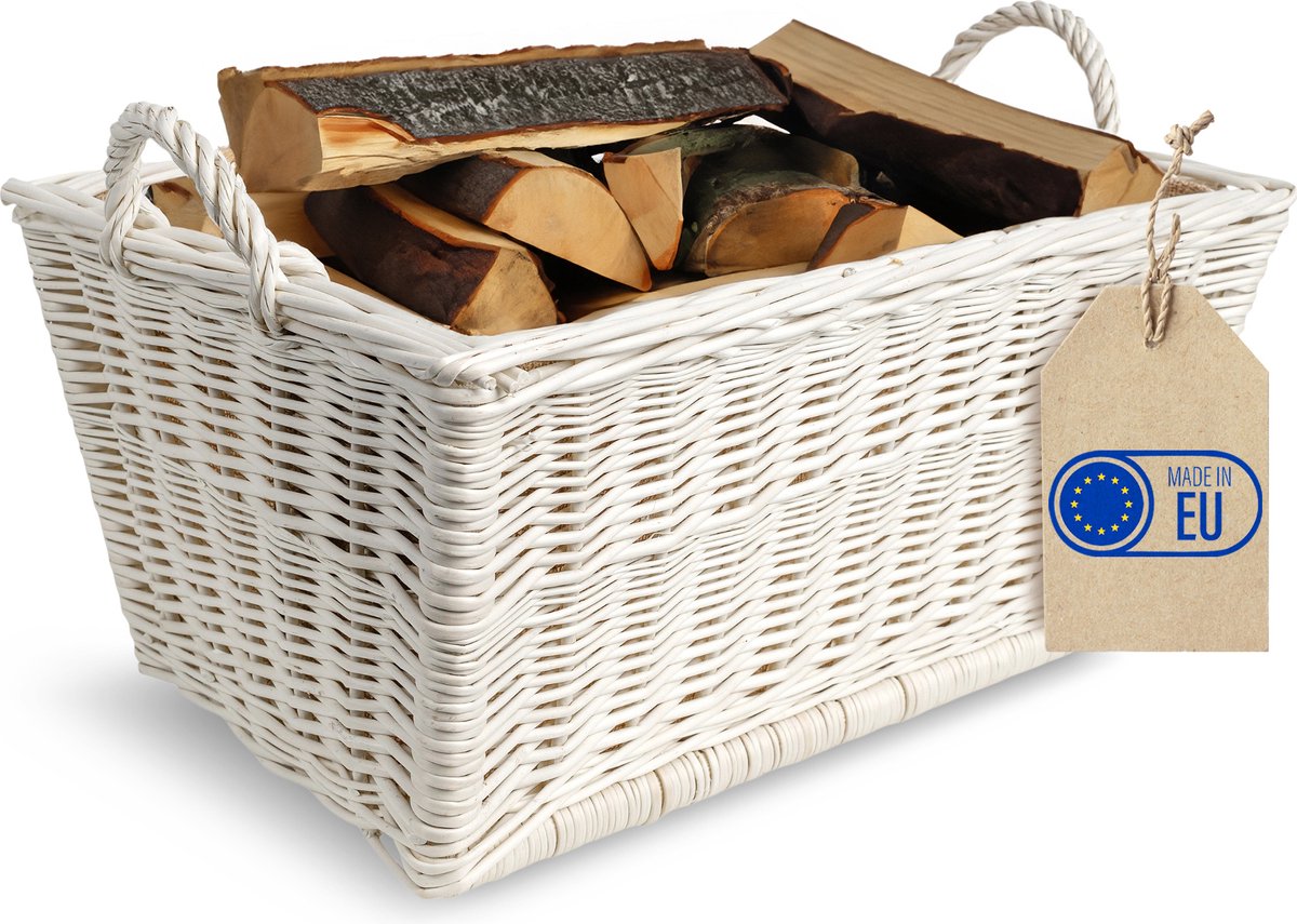 Creative Home Brandhoutmand Rieten Mand voor Brandhout | Wit | 47 x 33 x 30 cm | met Binnenvoering van Jute | Houtdrager Mand