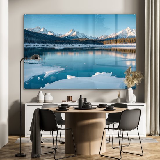 MuchoWow® Peinture sur verre 180x120 cm - Peinture sur verre acrylique - Paysage - Hiver - Lac - Montagnes - Vue - Glace - Photo sur verre - Décoration murale salon - Décoration murale chambre - Peintures