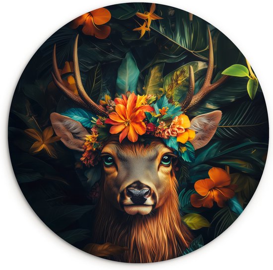 WallCircle - Cercle mural 90x90 - Cerf - Fleurs - Nature - Botanique - Animal - Tableaux ronds salon - Plaque murale ronde - Cercle de Décoration murale - Décoration de chambre à l'intérieur - Cercle mural de Décoration murale - Accessoires de maison
