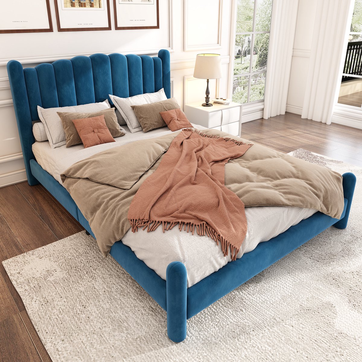 Gutent Gestoffeerd bed, Blauw (Zonder matras), 140*200 cm, Velours, met Lattenbodem en Hoofdbord, Stijlvol geschulpt hoofdbord, cilindervormige poten