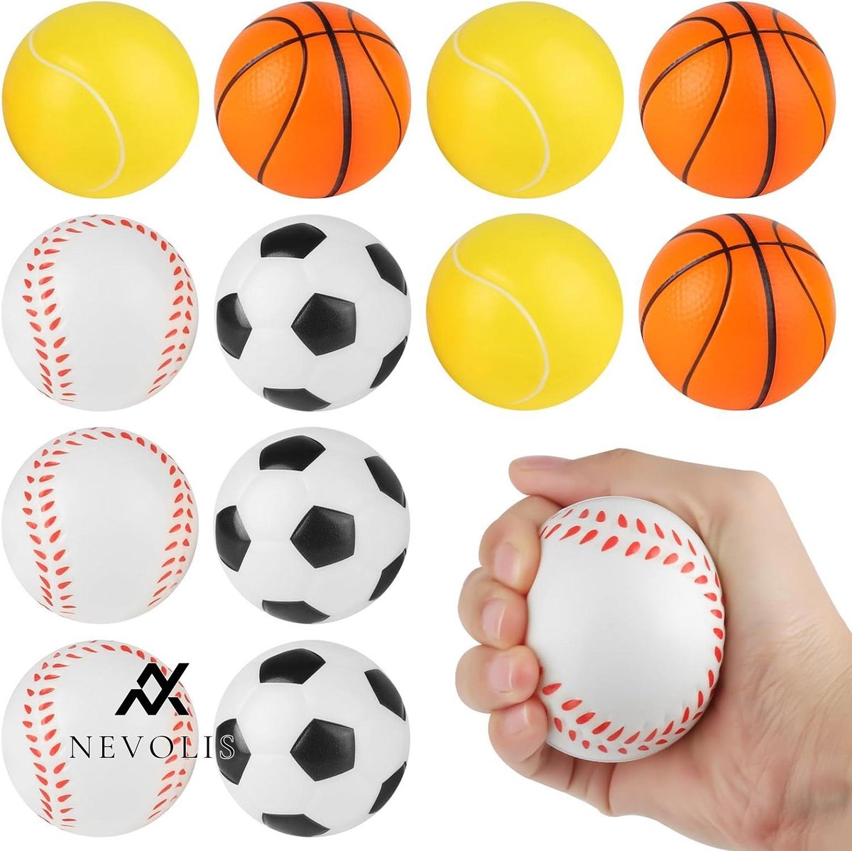 Nevolis 12 Pcs Stress Balls 6 cm Mini Stress Balls Foam Anti Stress Ball Relief Ball Set Includes Football Basketball Tennis Balls Baseball Suitable for Kids and Stress Relief .