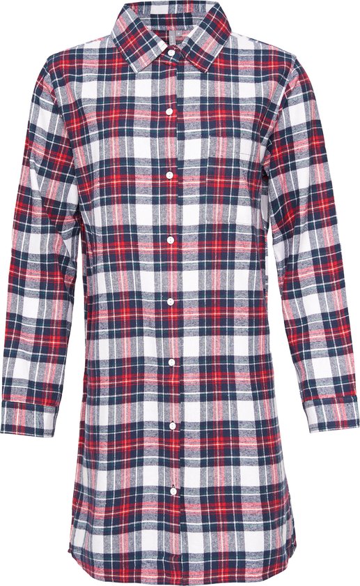 Rood, wit en blauw geruit nachthemd met lange mouwen en knoopsluiting.