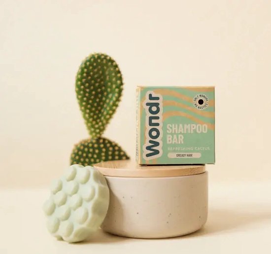 Shampoing solide Wondr cactus rafraîchissant, vert pâle avec des picots, à côté d'un cactus.