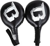 Twee zwarte Booster XTREM F4 trainingspaddles met wit logo, wit gestikt en met zwarte polsband.