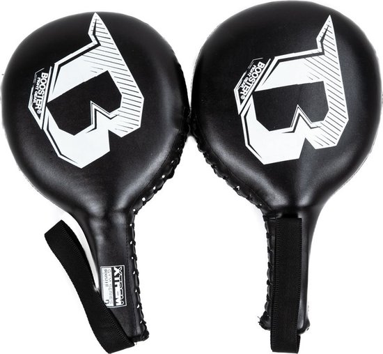 Twee zwarte Booster XTREM F4 trainingspaddles met wit logo, wit gestikt en met zwarte polsband.