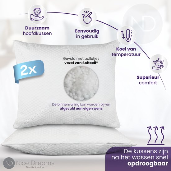 Twee witte kussens met hexagonaal patroon. "Duurzaam hoofdkussen" en "Gevuld met bolletjes vezel van Softcell" zijn zichtbaar. Een hand wordt getoond die 2x benadrukt.