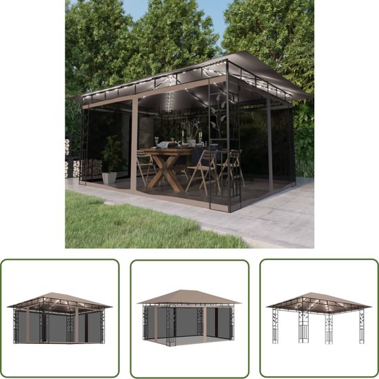 The Living Store Tuinprieel - Opvouwbaar - Met muskietennetten - Gepoedercoat staal - 4 x 3 x 2.73 m - Taupe - 180 g/m² stofgewicht - 43 LEDs - Zonne-energie - Met klamboes - Montage vereist