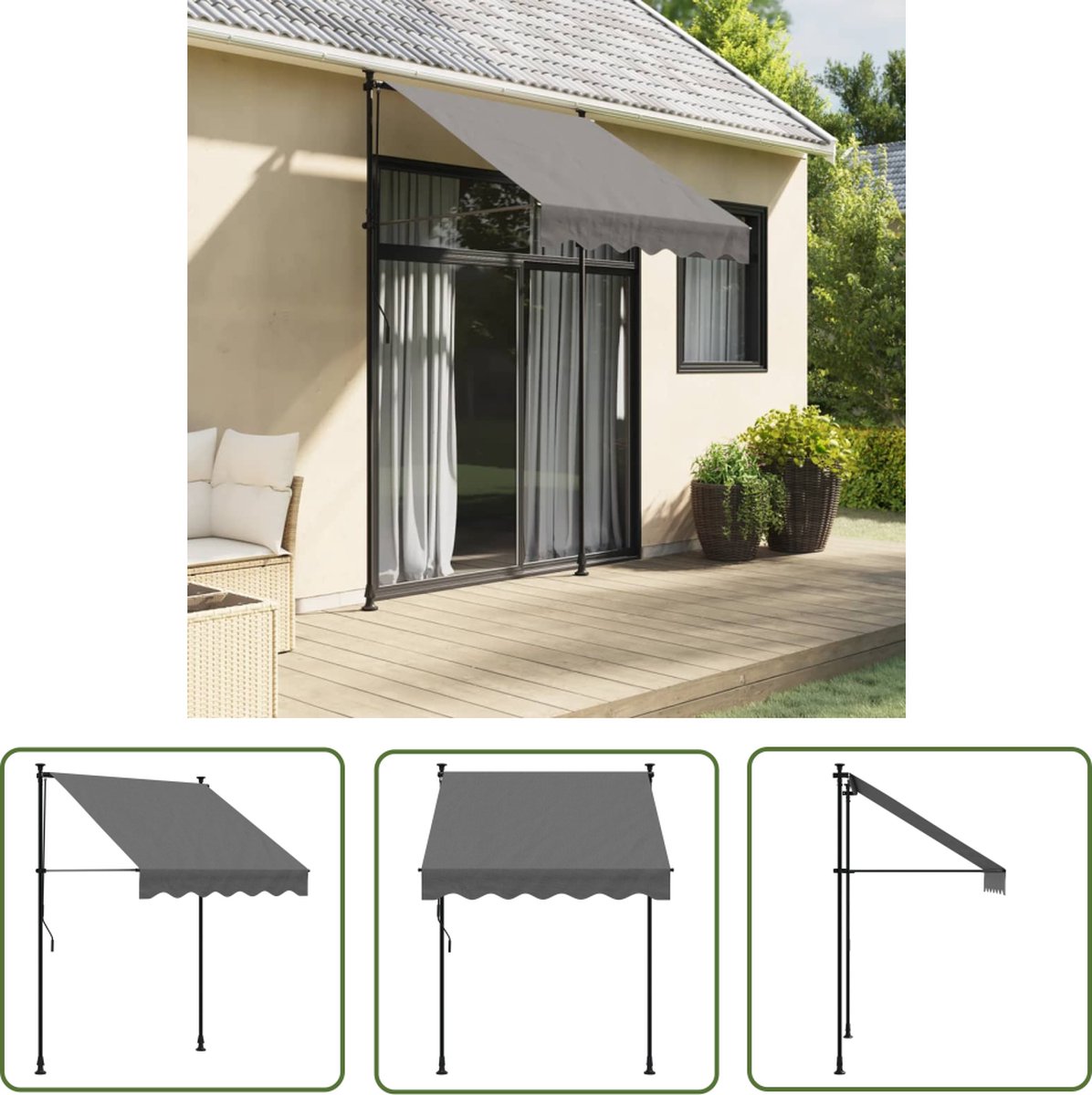 Luifel uittrekbaar 150x150 cm antracietkleurig, stof en staal, geschikt voor ramen, balkons en veranda's.