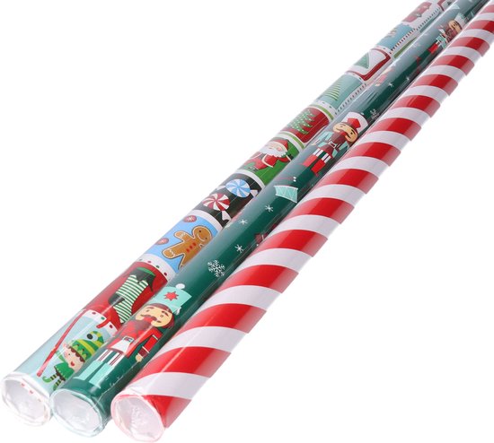 Papier d'emballage/papier cadeau de Noël - lot de 3x rouleaux - 150 x 70 cm - Impression de Noël