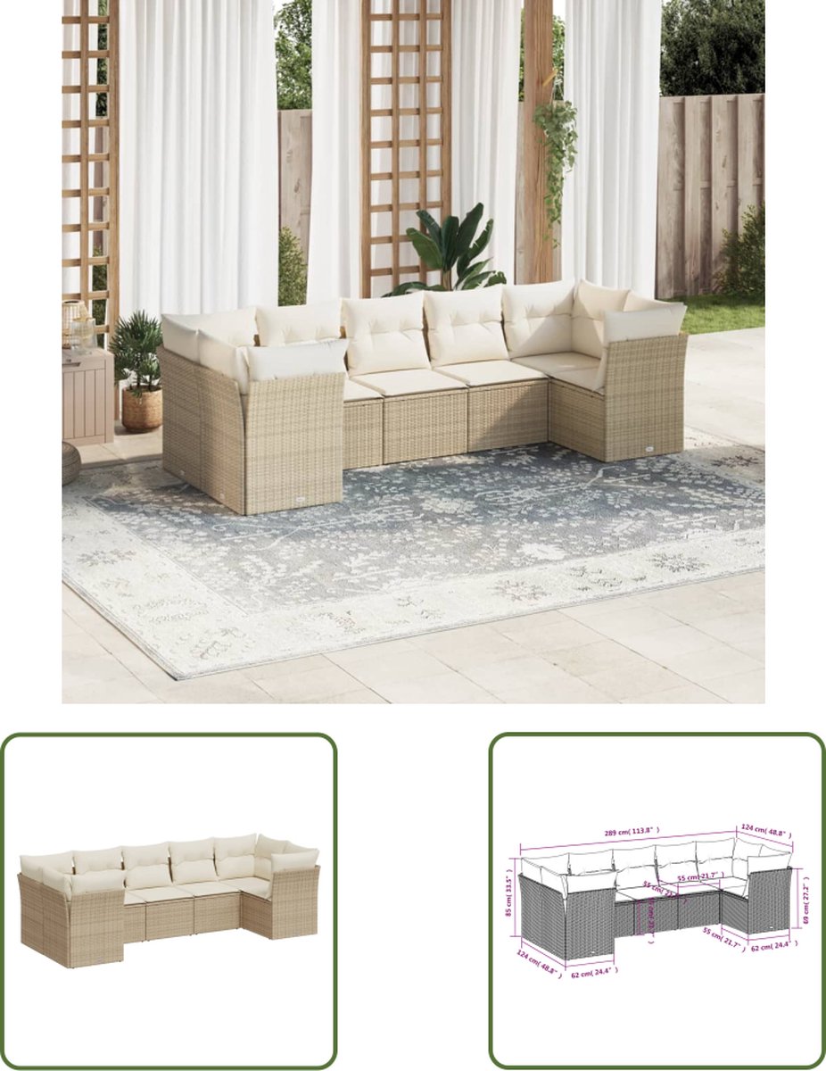 The Living Store 7-delige Loungeset met kussens poly rattan beige - Loungeset - Tuinset - Lounge Set - Tuinbank - Buitentijnen