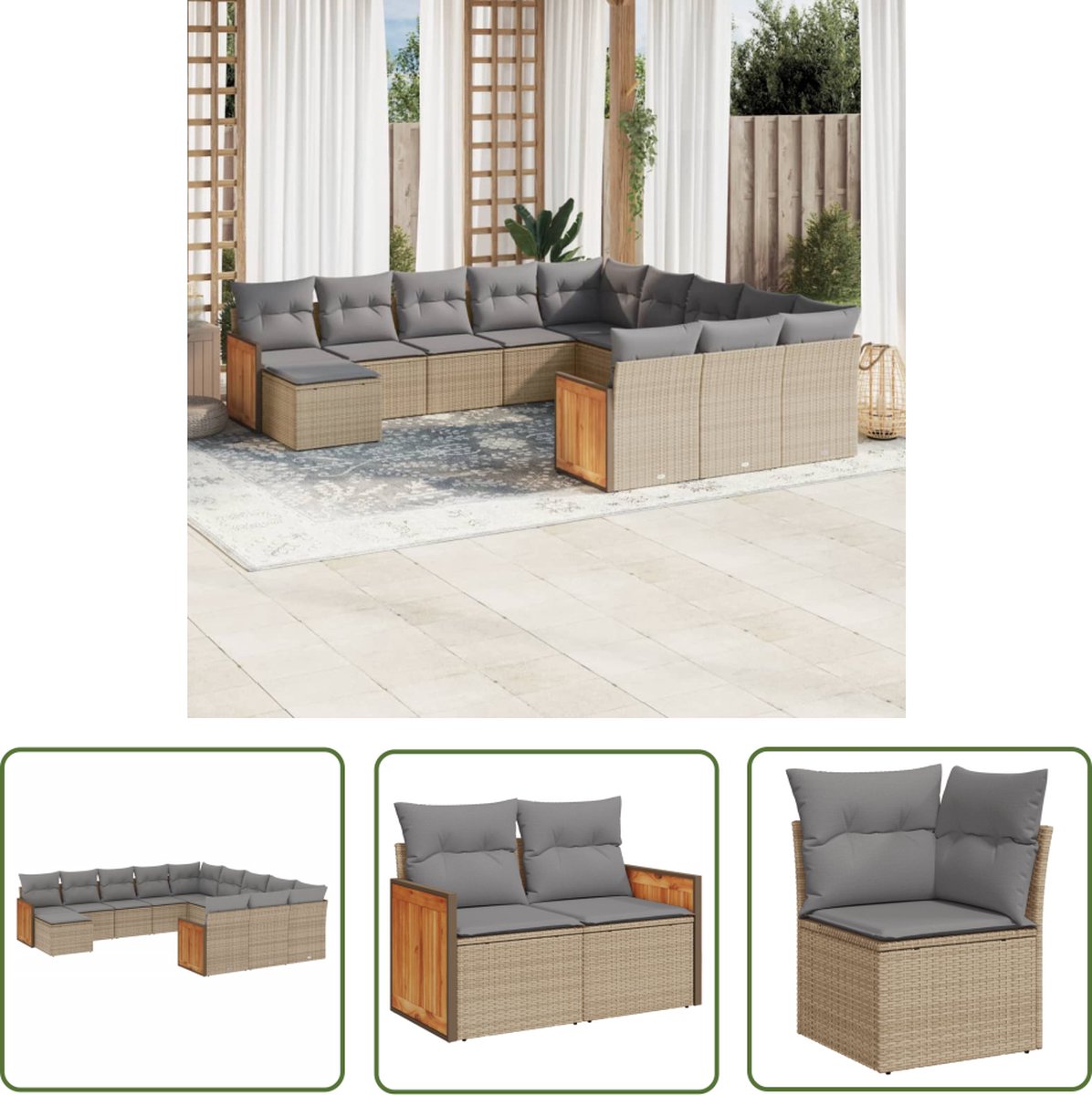 The Living Store 12-delige Loungeset met kussens poly rattan beige - Loungeset - Lounge Set - Buitendecoratie - Tuinmeubels - Ratan Meubel