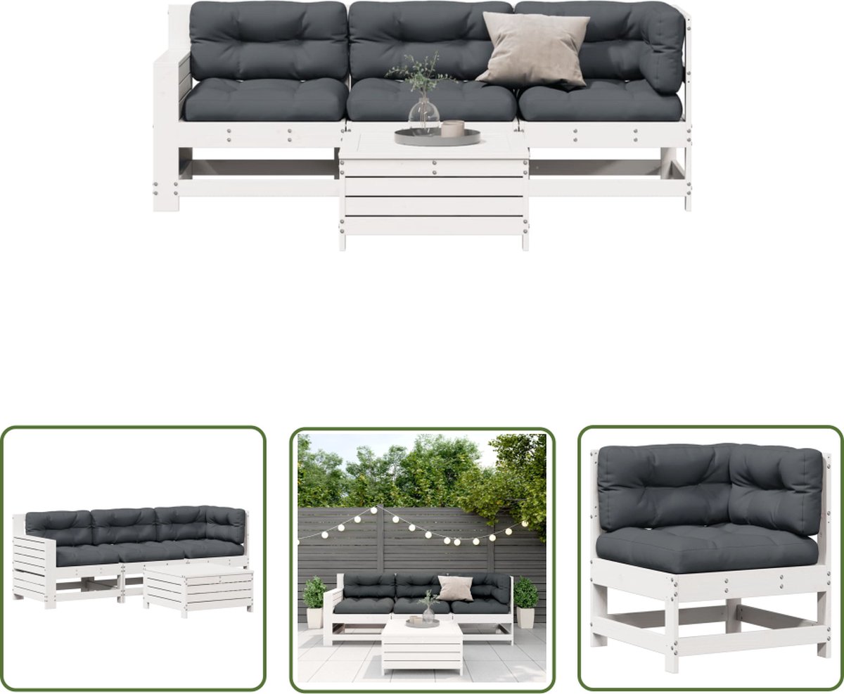 4-delige Loungeset van massief grenenhout met kussens in tuinsetting.