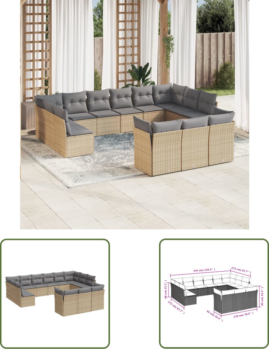 The Living Store 13-delige Loungeset met kussens poly rattan beige - Loungeset - Tuinset - Lounge - Buiszitter - Outdoor Furniture