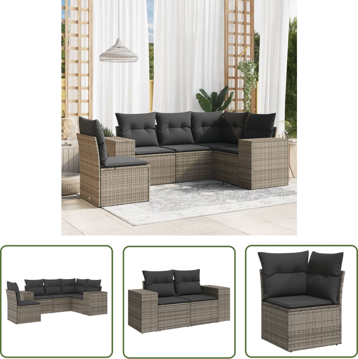 The Living Store 5-delige Loungeset met kussens poly rattan grijs - Loungeset - Tuinset - Buitendecoratie - Pe Rattan - Garden Furniture