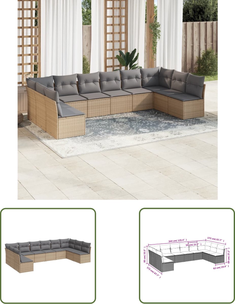 The Living Store 10-delige Loungeset met kussens poly rattan beige - Loungebank - Tuinset - Lounge Set - Buitendecoratie - Outdoor Furniture