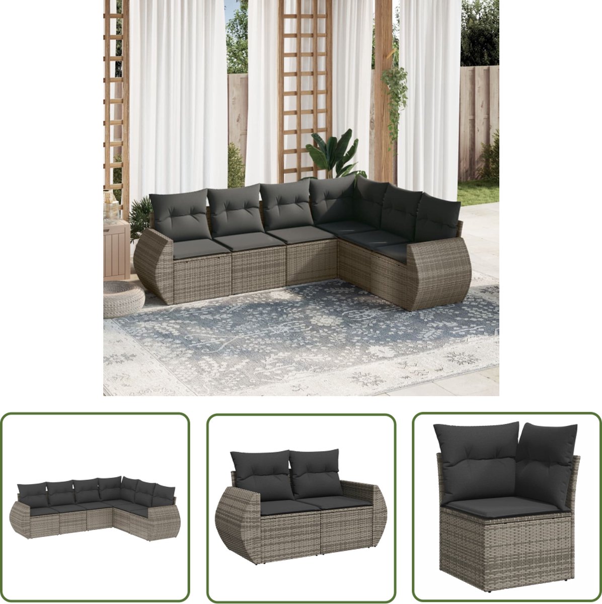 The Living Store 6-delige Loungeset met kussens poly rattan grijs - Loungeset - Tuinset - Lounge - Outdoor Furniture - Tuinmeubels
