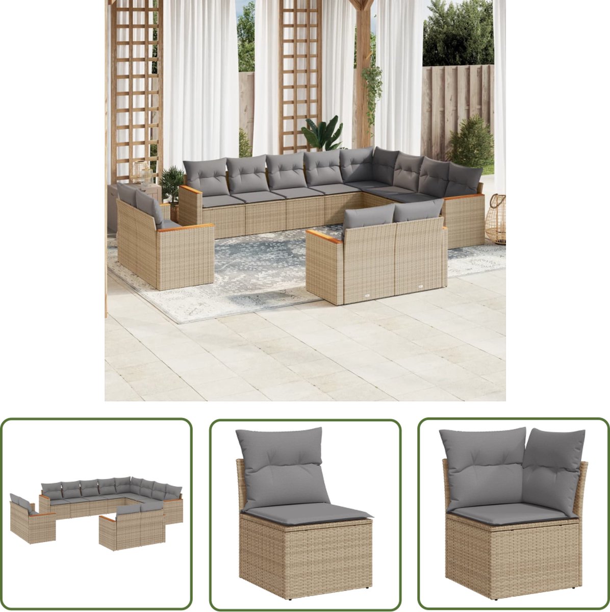 The Living Store 12-delige Loungeset met kussens poly rattan gemengd beige - Loungeset - Tuinset - PE-rattan - Buitendecoratie - Tuinmeubels