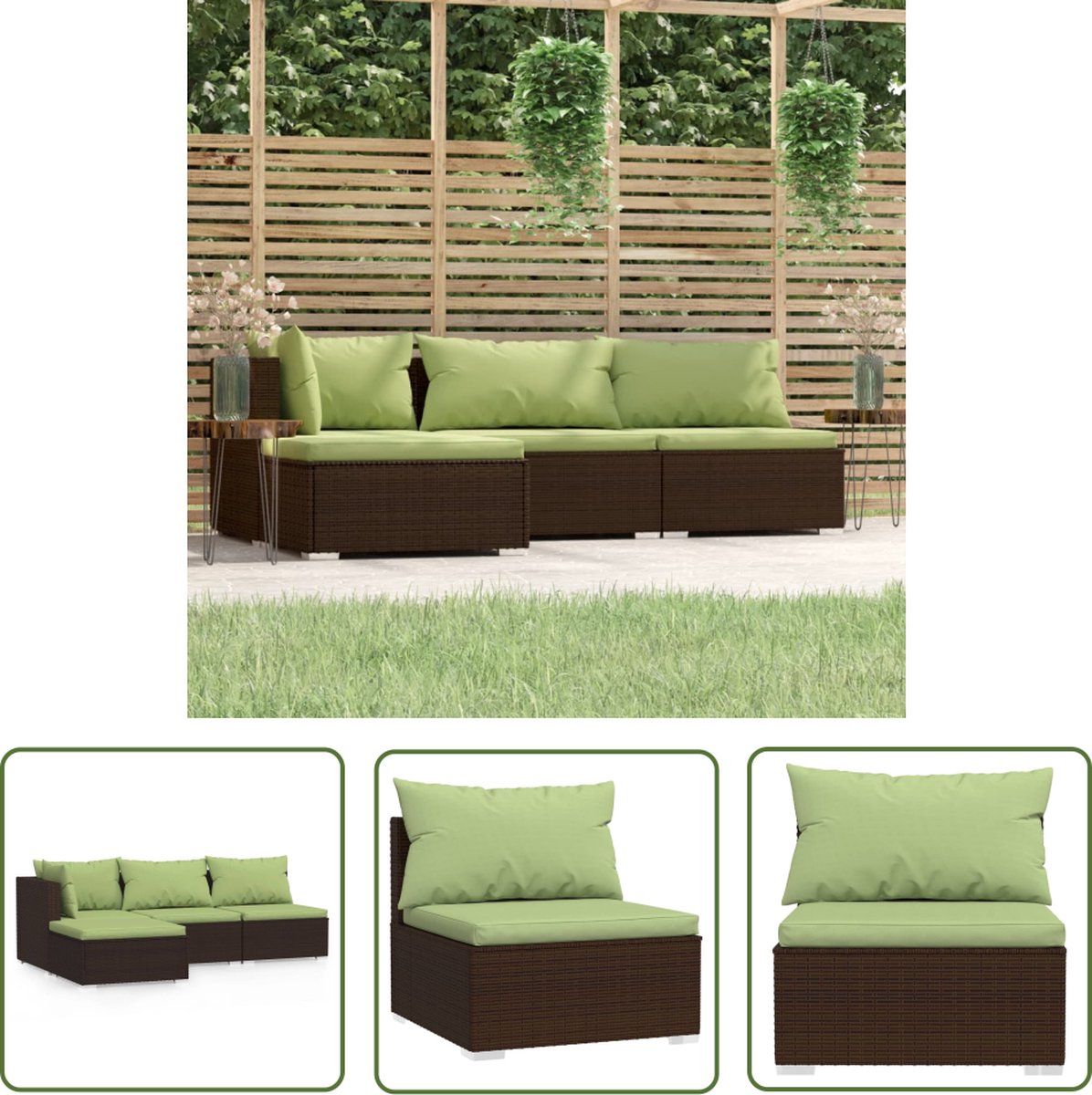 The Living Store 4-delige Loungeset met kussens poly rattan bruin - Loungeset - Lounge Set - Buitendecoratie - Tuinmeubilair - Tuinlounge