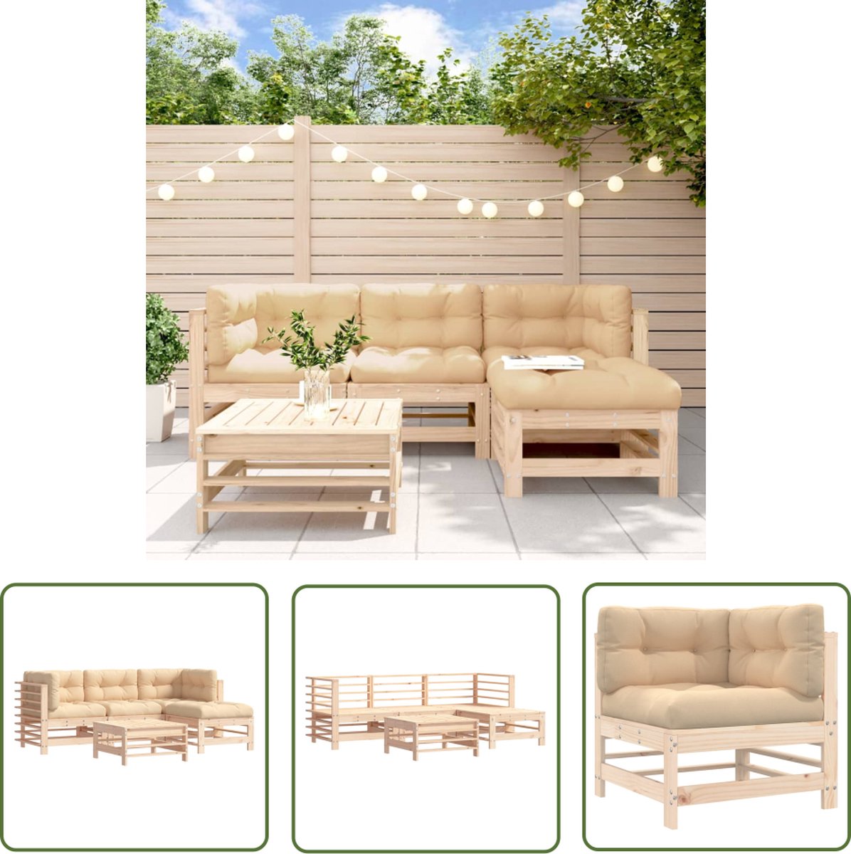 Loungeset van massief grenenhout met kussens in tuinsetting.