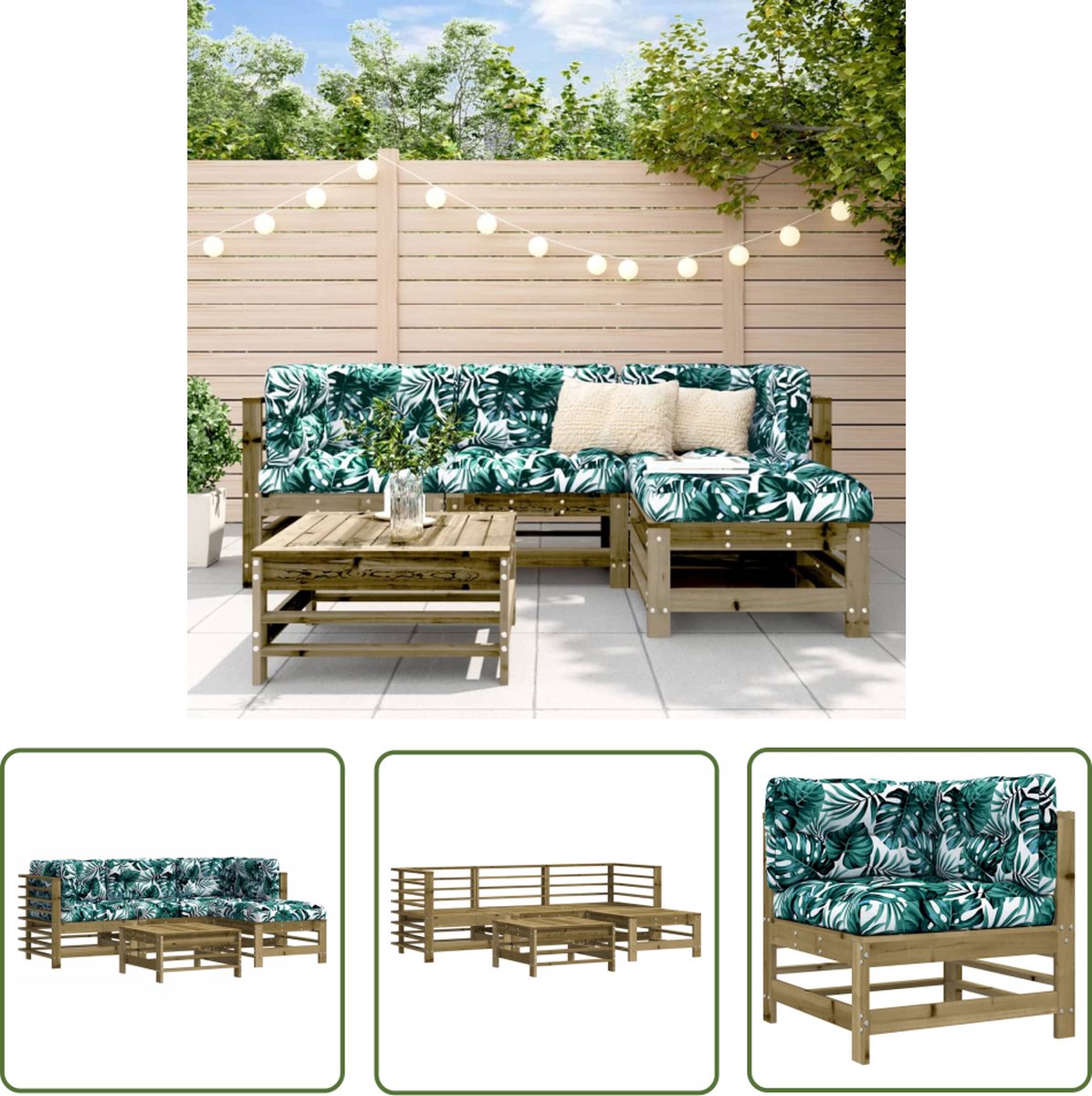 The Living Store 5-delige Loungeset met kussens geïmpregneerd grenenhout - Loungeset - Tuinset - Buiszitter - Lounge Bank - Teak Tafel