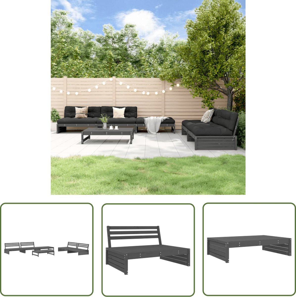 The Living Store 6-delige Loungeset massief grenenhout grijs - Loungeset - Tuinset - Hout - Grenenhout - Buitenmeubel