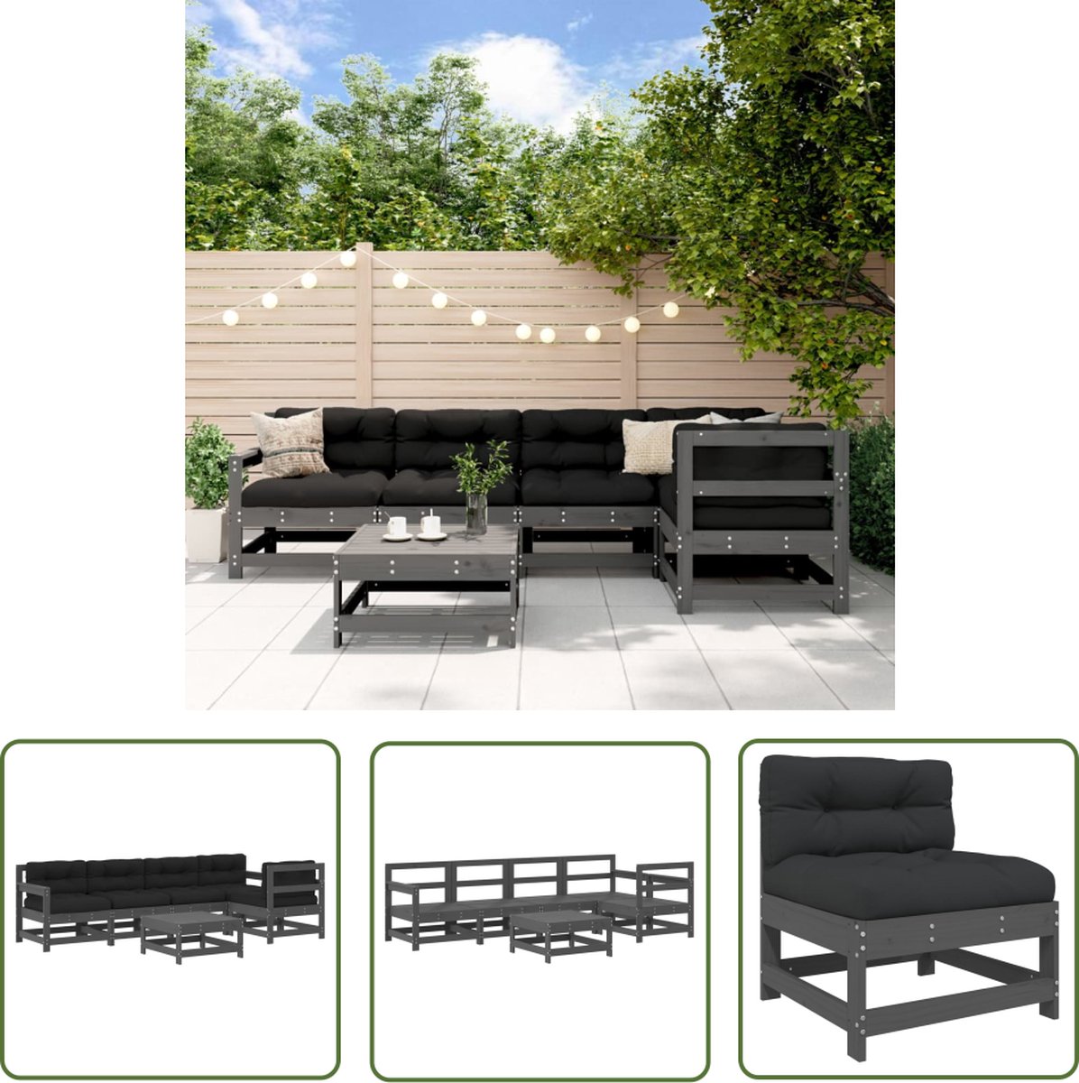 Grijze massief houten loungeset met kussens voor buiten - The Living Store.