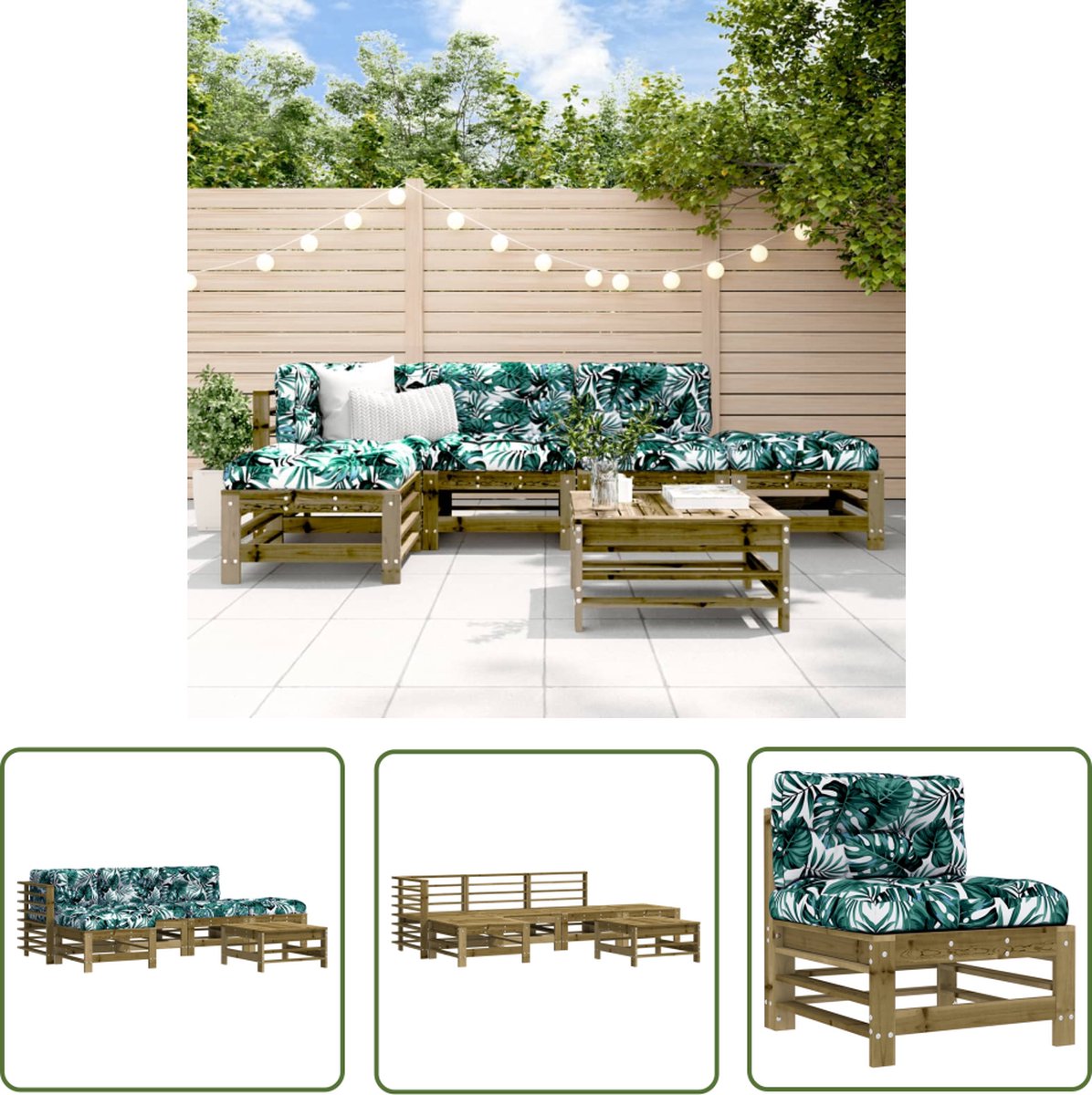 The Living Store 6-delige Loungeset met kussens geïmpregneerd grenenhout - Loungeset - Tuinset - Buitenmeubilair - Lounge - Houten Loungestoel