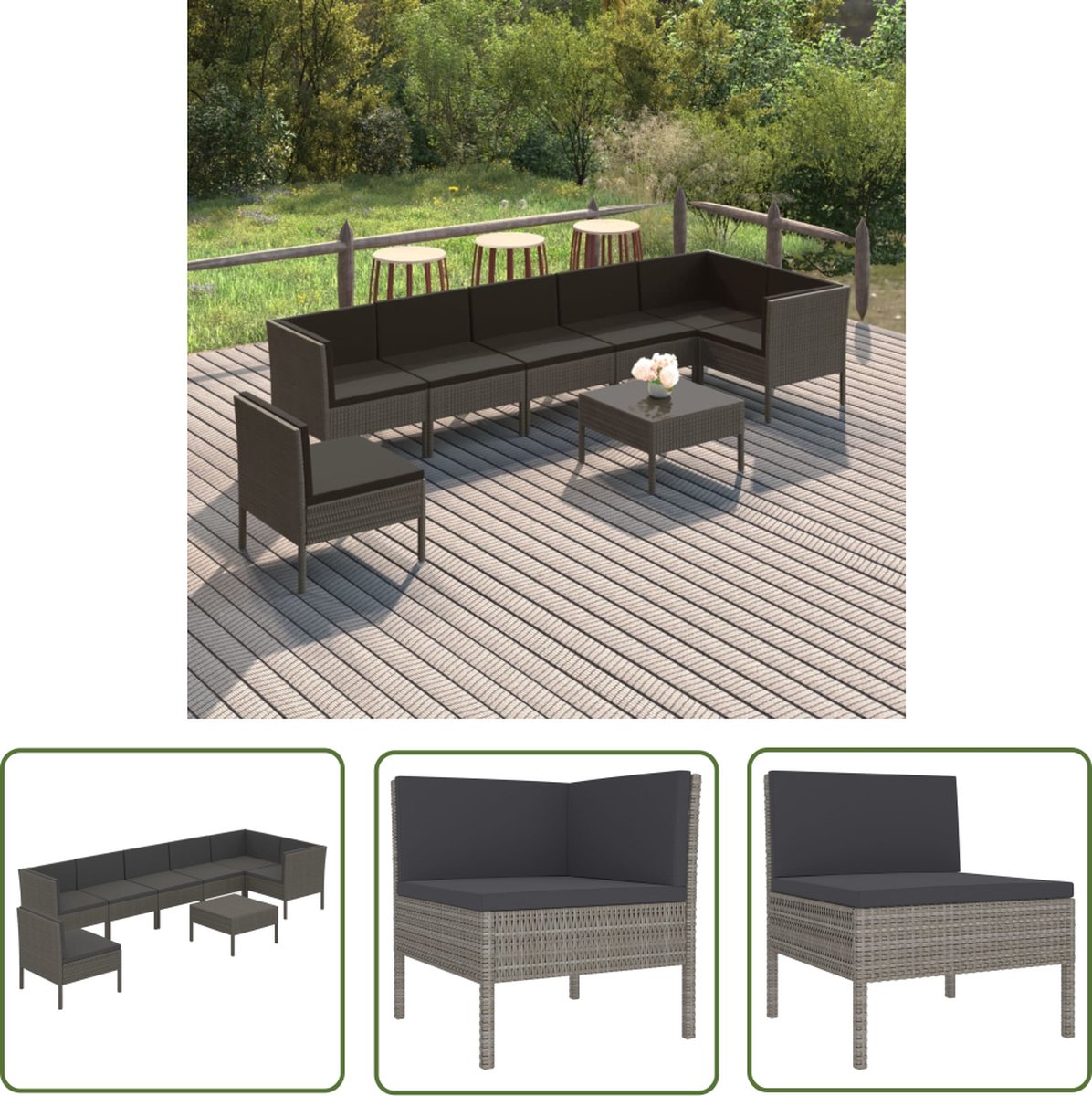 Grijze poly rattan loungeset met kussens voor buiten - The Living Store.